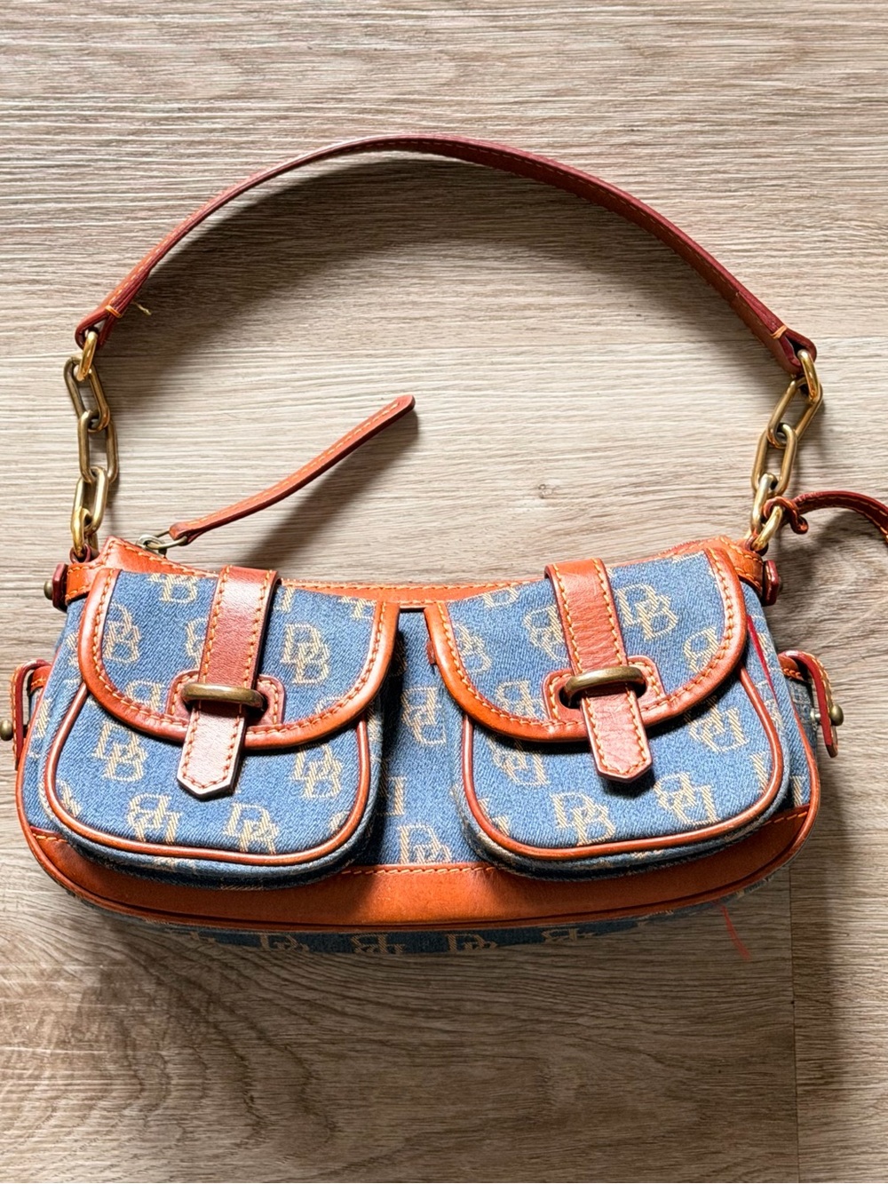 Dooney & Bourke Blue Denim Shoulder Bag with Tan Trim